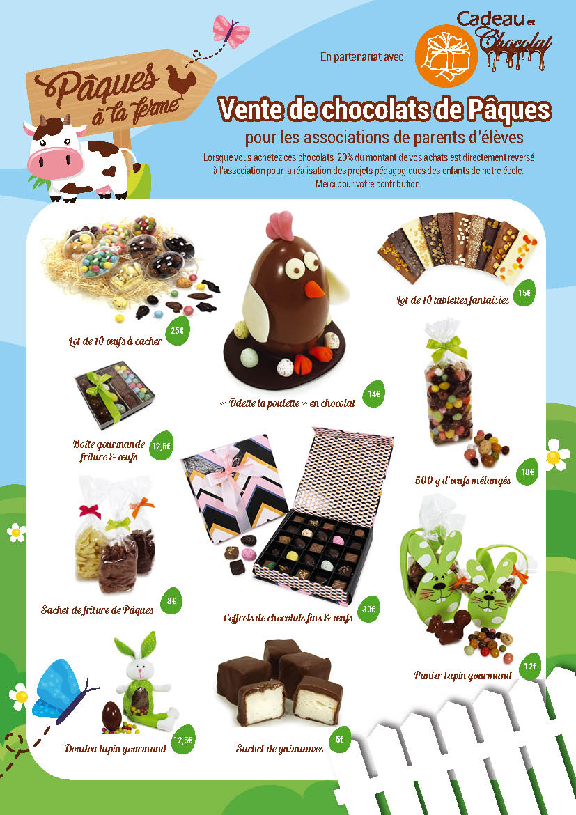 Catalogue de vente de chocolat de Paques aux écoles et associations.